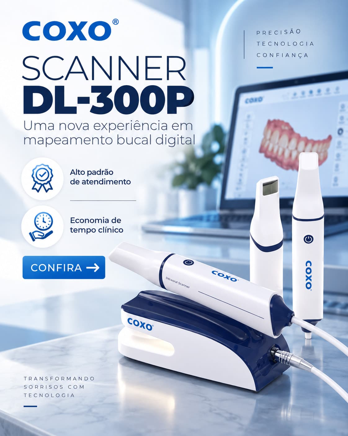 Scanner Intraoral Coxo DL-300P: uma nova experiência em mapeamento bucal digital, com alto padrão de atendimento e economia de tempo clínico. Confira.