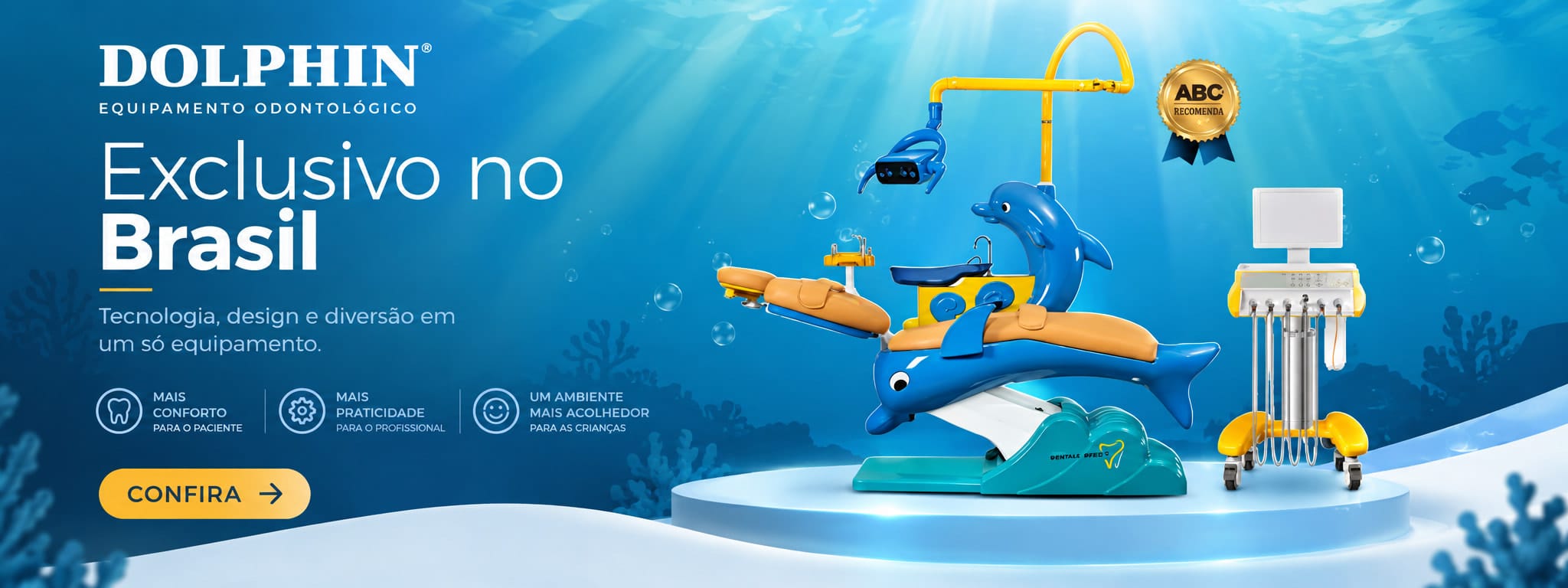 Consultório Dolphin, exclusivo no Brasil: tecnologia, design e diversão em um só equipamento para odontopediatria. Confira.